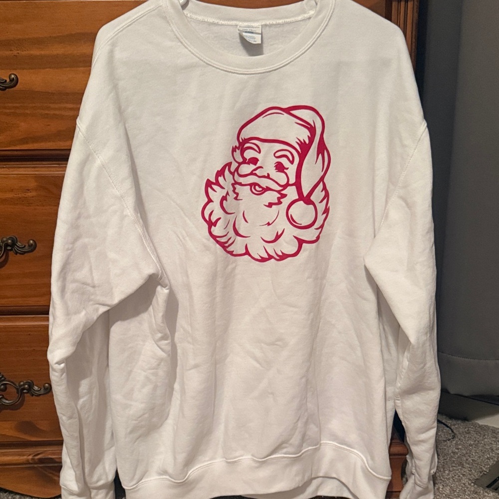 Port and Company White Sweatshirt with Red Santa Design